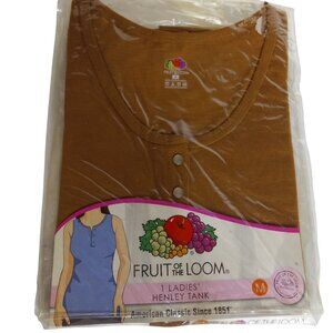 Fruit Of The Loom M Henley Tank Ladies Top Cotton Pearl Snap Buttons Brown NEW
